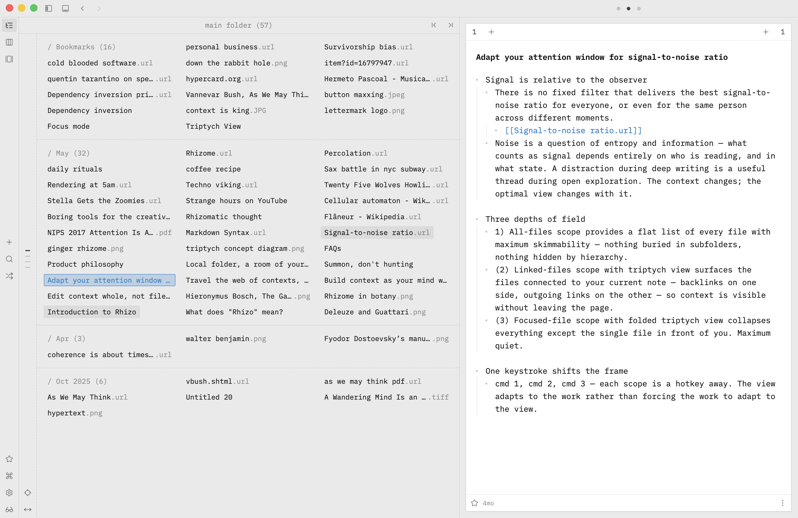 Rhizo showing the all-files attention scope with every file listed beside the current note