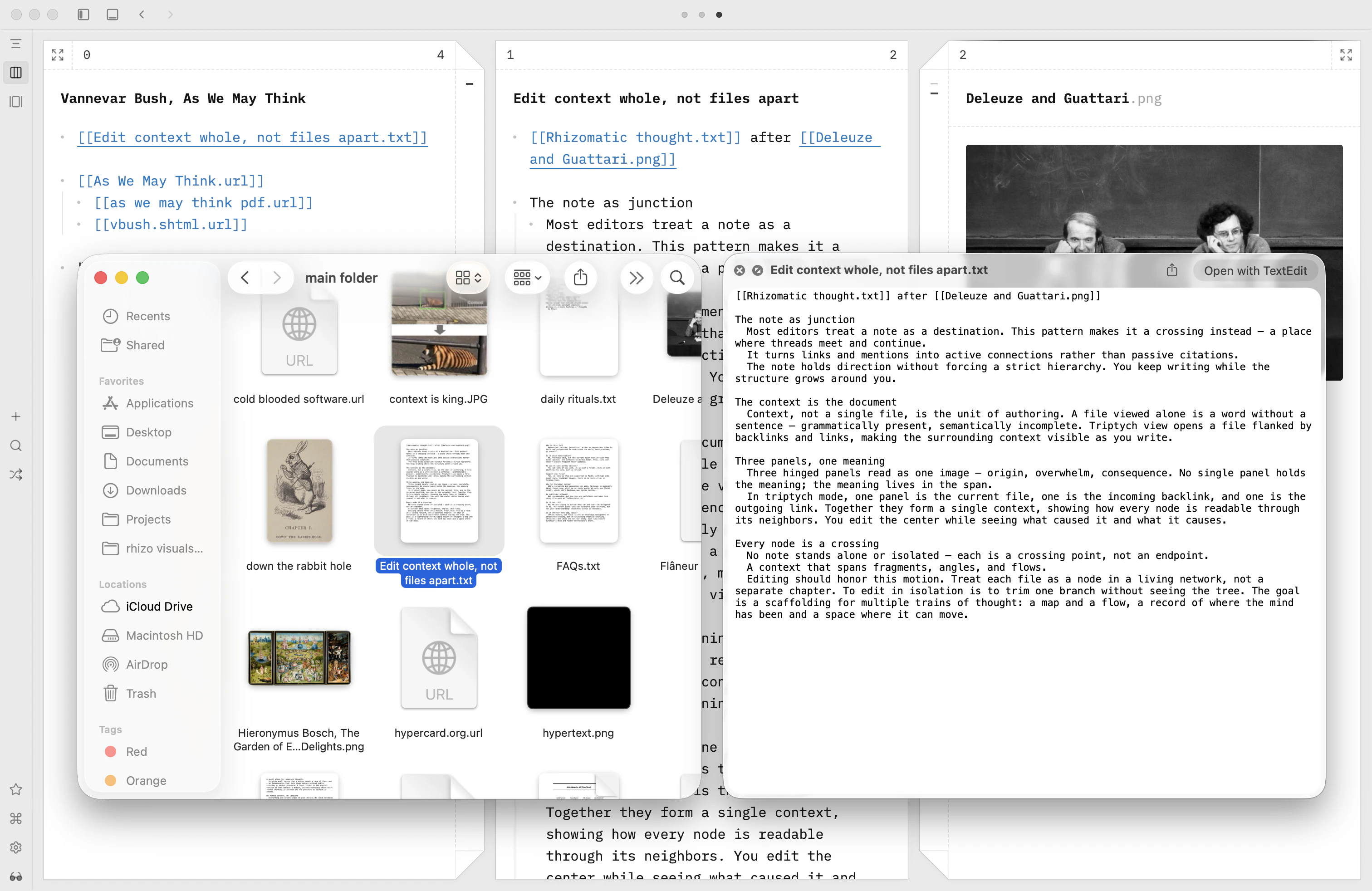 Screenshot of a local Rhizo folder with a document preview on macOS