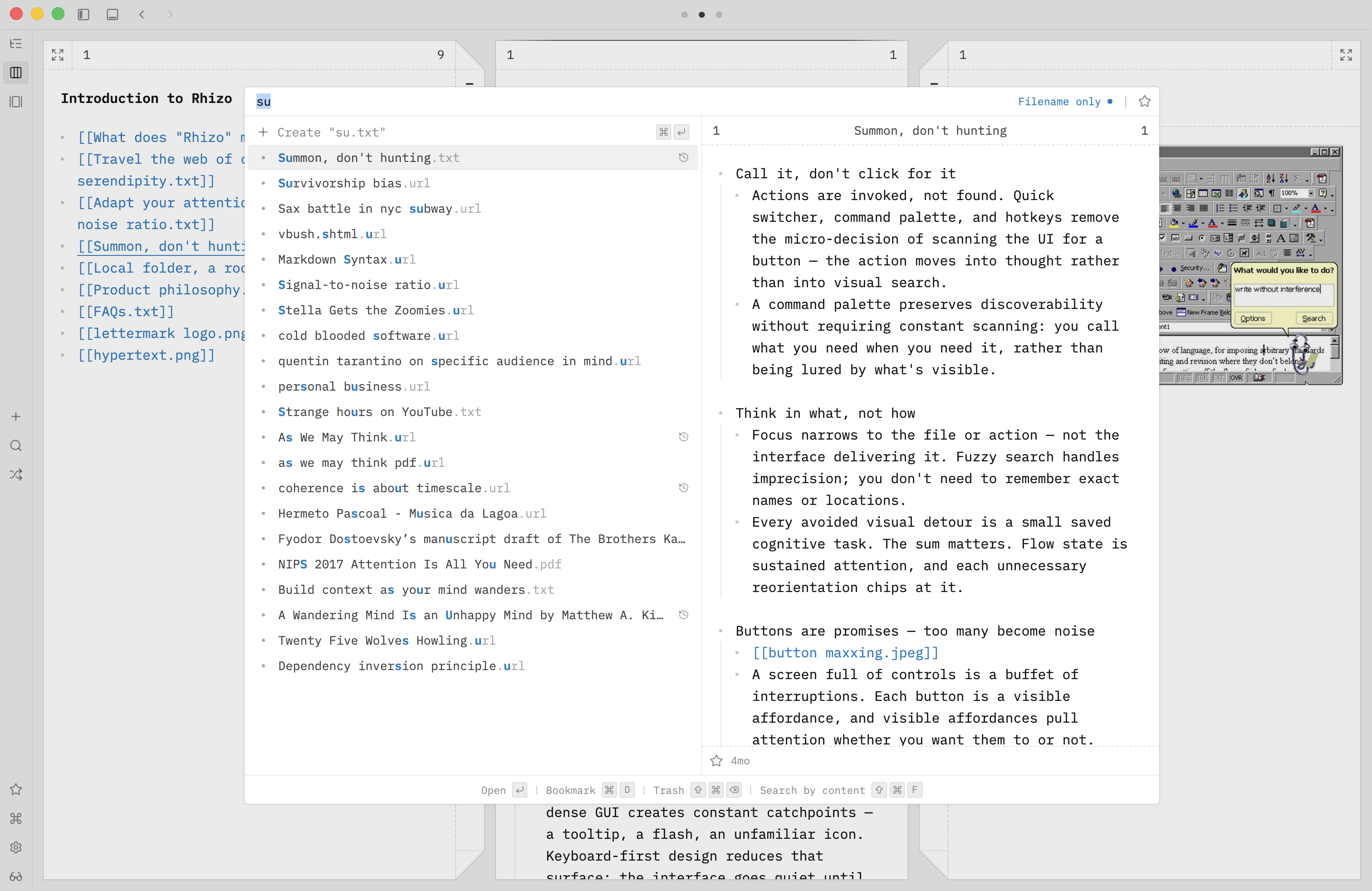Rhizo quick switcher finding a file by name